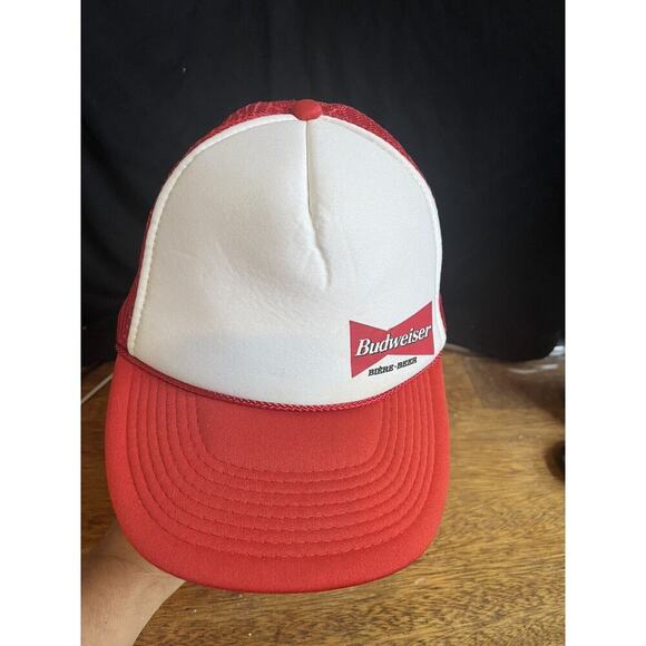 Vintage Budweiser‎ Hat Bud Beer Biere Snapback Trucker Mesh Cap Red White - - Picture 1 of 5
